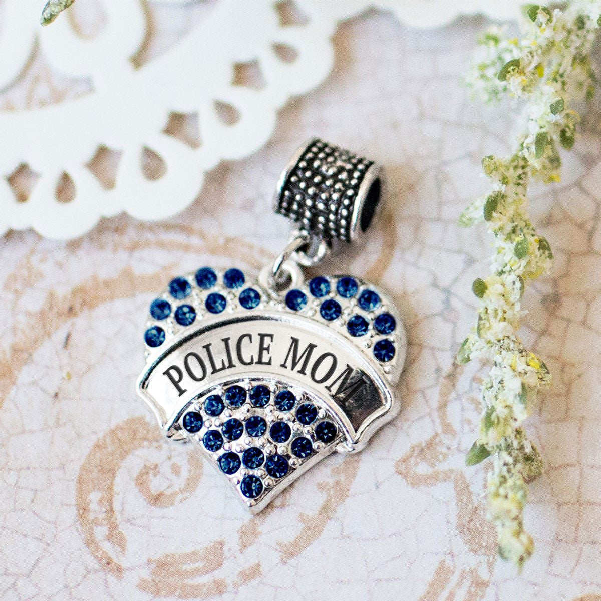 Police Mom Pave Heart Charm Jewelry Collection