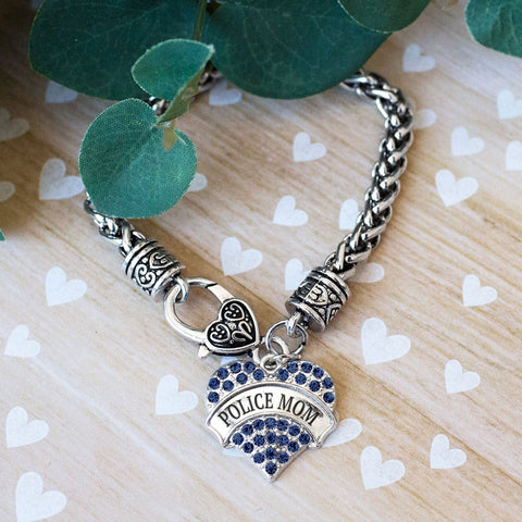 Police Mom Pave Heart Charm Jewelry Collection