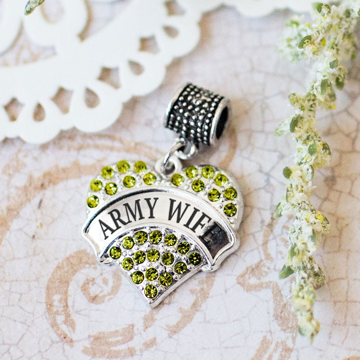 Army Wife Pave Heart Memory Charm