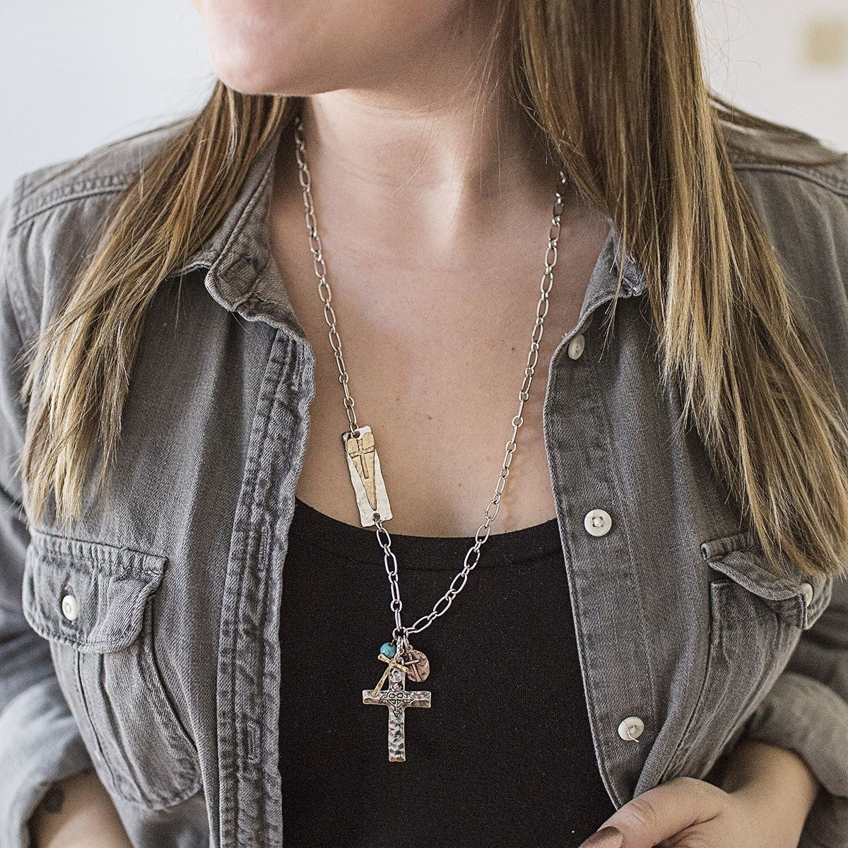 Rustic Cross and Fleur De Lis Pendant Necklace