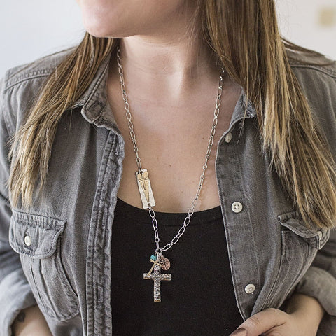 Rustic Cross and Fleur De Lis Pendant Necklace