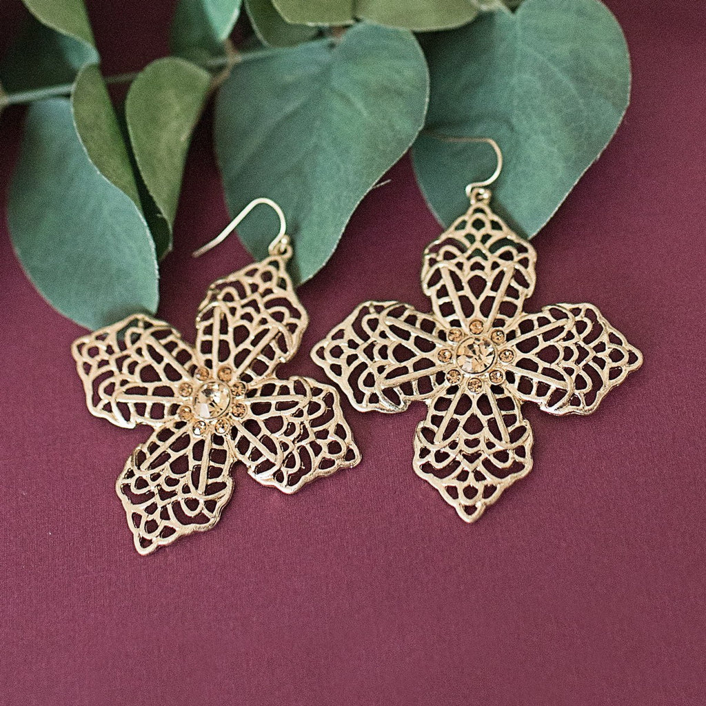 Champagne Filigree Cross Dangle Earrings