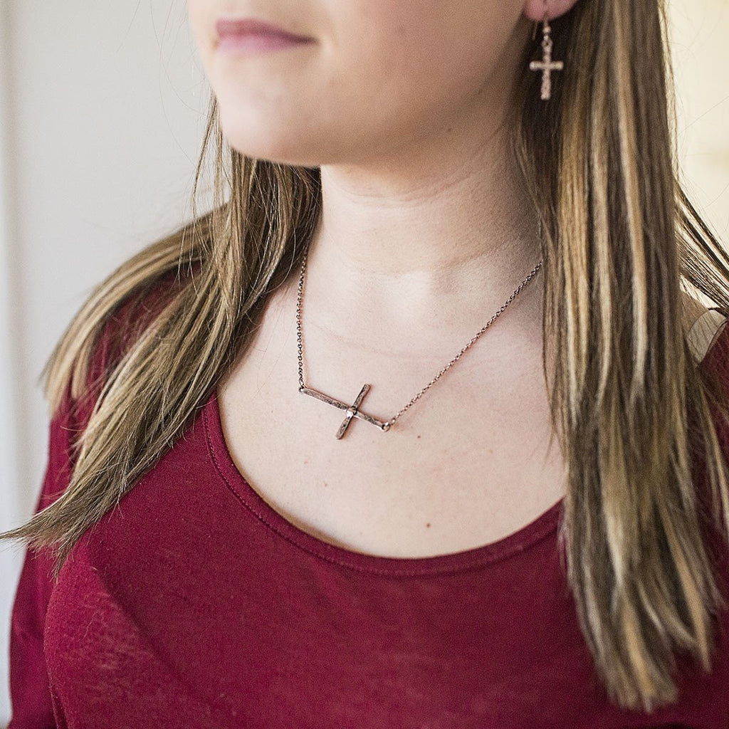 .25 Carat Hammered Cross Necklace and Earrings Set