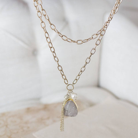 Double Chain Crystals and Druzy Necklace