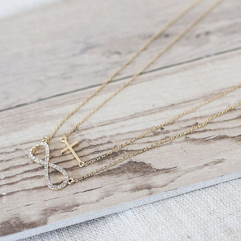 Gold Two Strand Infinity and Cross Necklace
