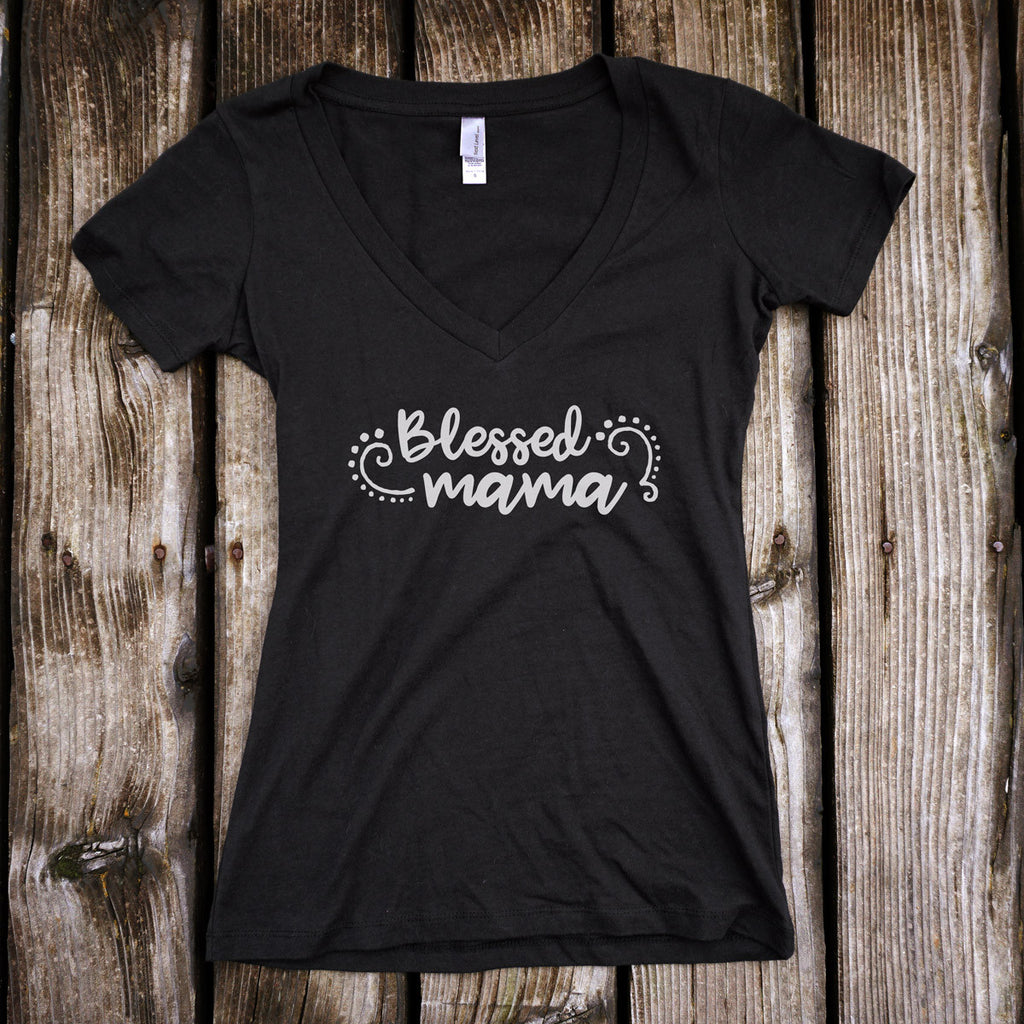 Blessed Mama Ladies V-Neck T-Shirt