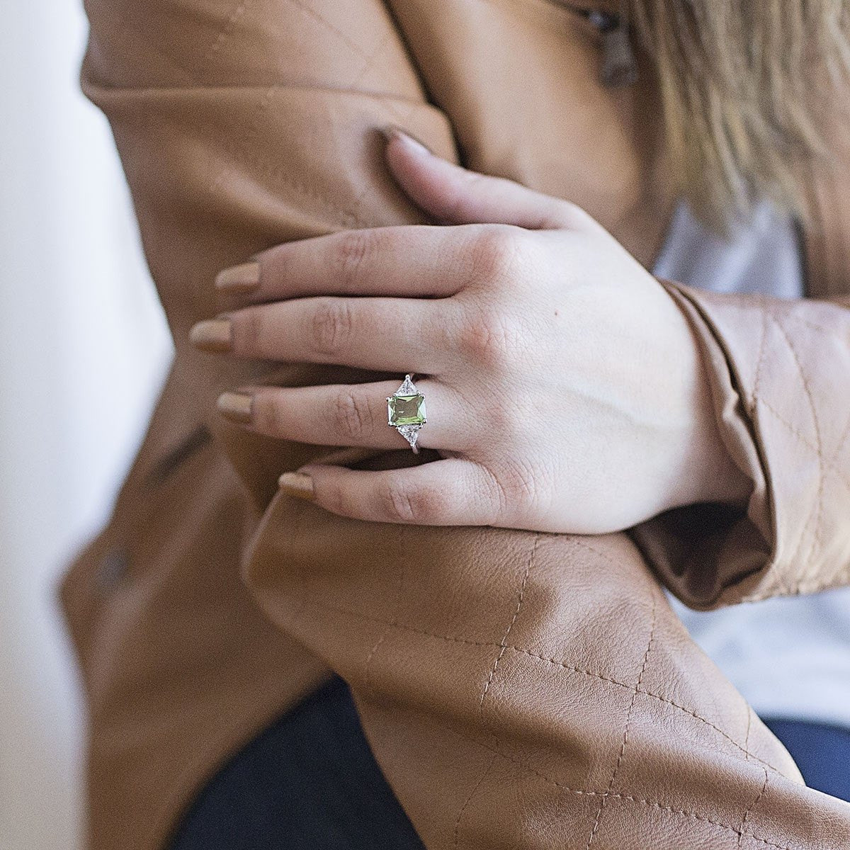 Radiant Peridot 4.0 Carat Engagement Ring